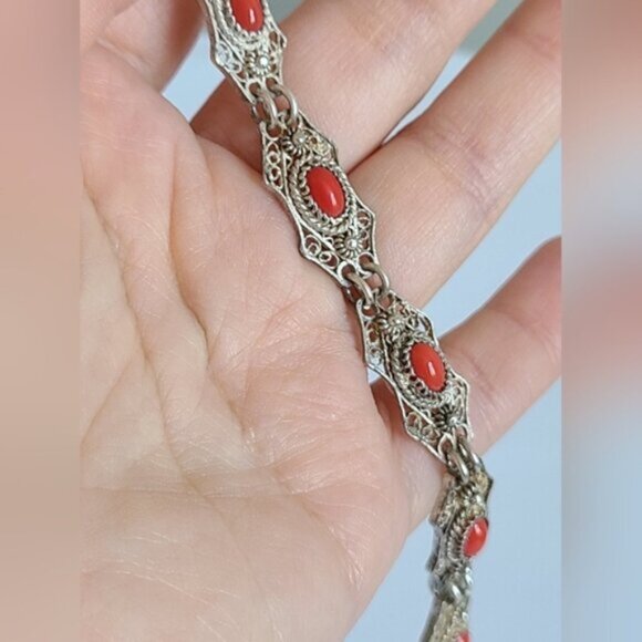Vintage Antique Boho Sterling Silver Red Coral Cabochon Filigree Chain Bracelet - Picture 11 of 15